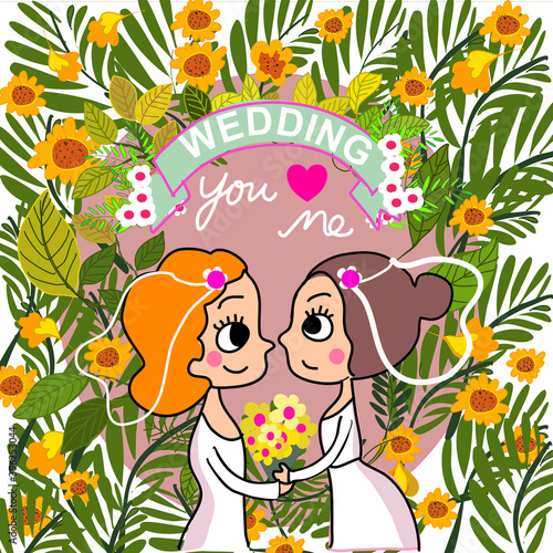 lesbian couples bride and groom holding flower bouquet in natural botanic flowers and leaves wedding with blue ribbon with wedding words with flowers hand drawn cartoon vector	
