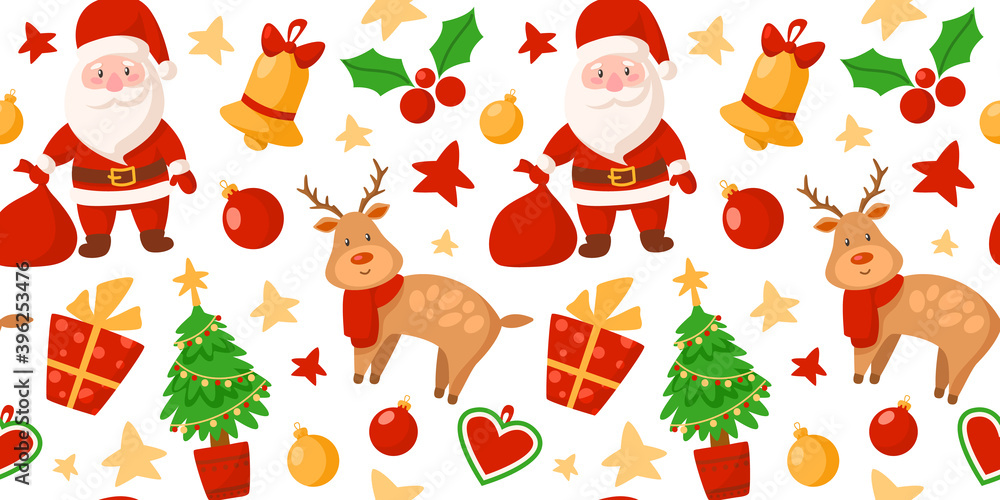 Fototapeta premium Christmas or New Year seamless pattern or digital paper - Santa Clause, reindeer, Christmas Tree, gift box, holly, festive holiday decorations, endless background for wrapping, textile, scrapbook