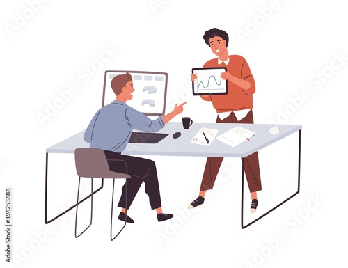 Office communication. Two young male colleagues discussing their business project at the workplace. Flat vector illustration isolated on white background
