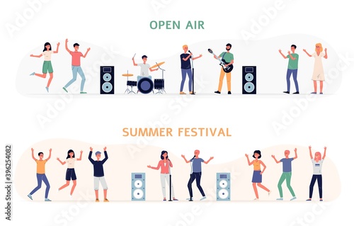 Characters of open air party and summer festival vector illustration isolated.