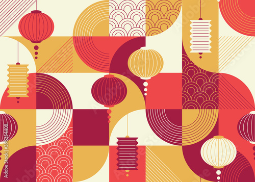 Seamless geometrical flat and ornamental design pattern with chinese lanterns, China New year background.