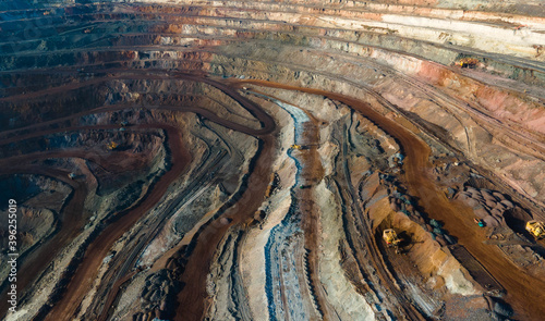 Huge iron ore quarry iron ore quarry top view Aero photo shoot. photo