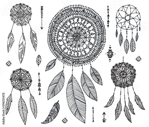 Vector set of hand drawn dream catchers isolated. Doodle lace magic objects. Design elements in Boho style. Lineart. Native style.