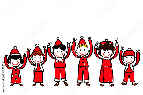 Group of smiling children raising hand, dressed as Santa Claus