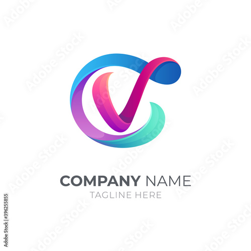 Letter C and letter V, CV, VC, 3d logo design in gradient vibrant colors