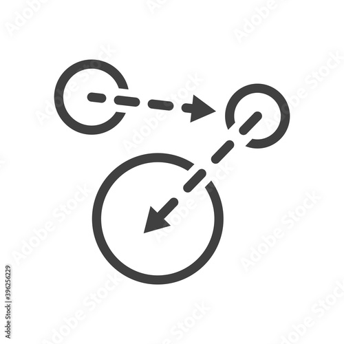 A minimalistic icon of moving from one point to another. An image of three spheres and arrows between them from one to the other. Isolated vector on white background.