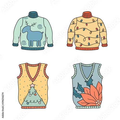 Cute hand drawn vector set of ugly Christmas sweaters isolated on white background. Funny holiday clothes elements template for design card, package, banner, print, fabric, label, advertising, textile