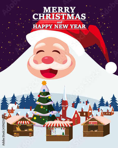 Santa Claus big and funny smiling background Christmas market in city town. Greeting card Merry Christmas and Happy New Year poster banner vector illustration isolated