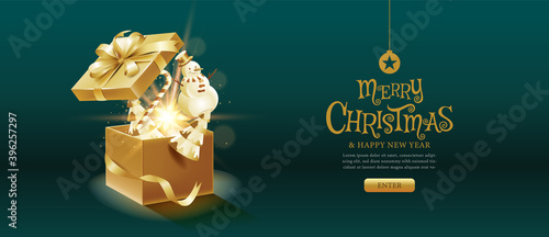 Merry Christmas, happy new year, calligraphy, Golden , Gift box fantasy ,vector illustration.