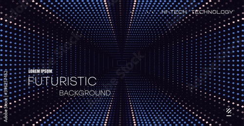A tunnel of blue and yellow dots receding into the distance. A dark corridor made of triangular shapes. Background for futuristic objects. Technical design.
