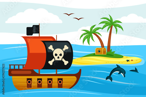 Pirate ship sailing towards treasure island illustration. Corsair frigate with black sail sails near palm bay buried treasures looted from spanish galleons chests of gold. Cartoon filibuster vector.