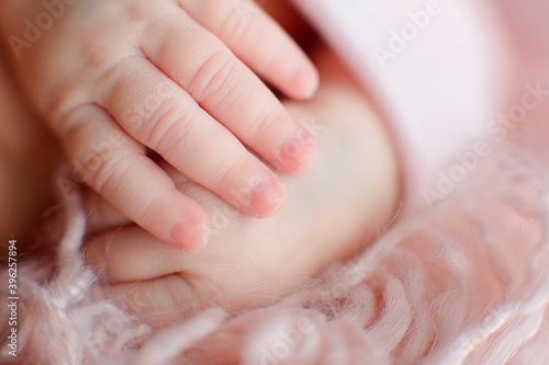 Caucasian Newborn baby hand closeup macro detail shot. child portrait, health skin, tenderness, maternity and babyhood concept - Image. Soft selective focus