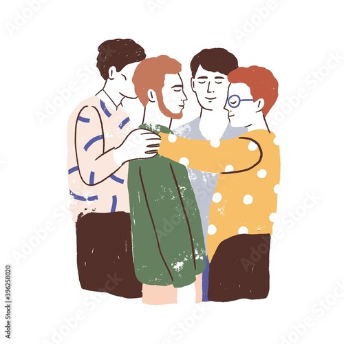 Male friends reunion concept. Young men standing together, hugging and embracing. Acceptance, love, support in friendship. Textured flat vector illustration isolated on white background