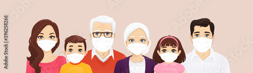 Big family portrait wearing protective medical masks. Father, mother, children and grandparents protect themselves against infectious diseases, virus and air pollution. Vector illustration isolated.