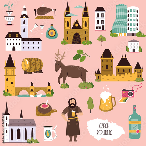 Big collection of famous landmarks of Czech Republic. Vector illustration