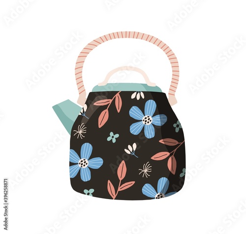 Cute ceramic teapot painted with flowers in retro style. Tea kettle isolated ...