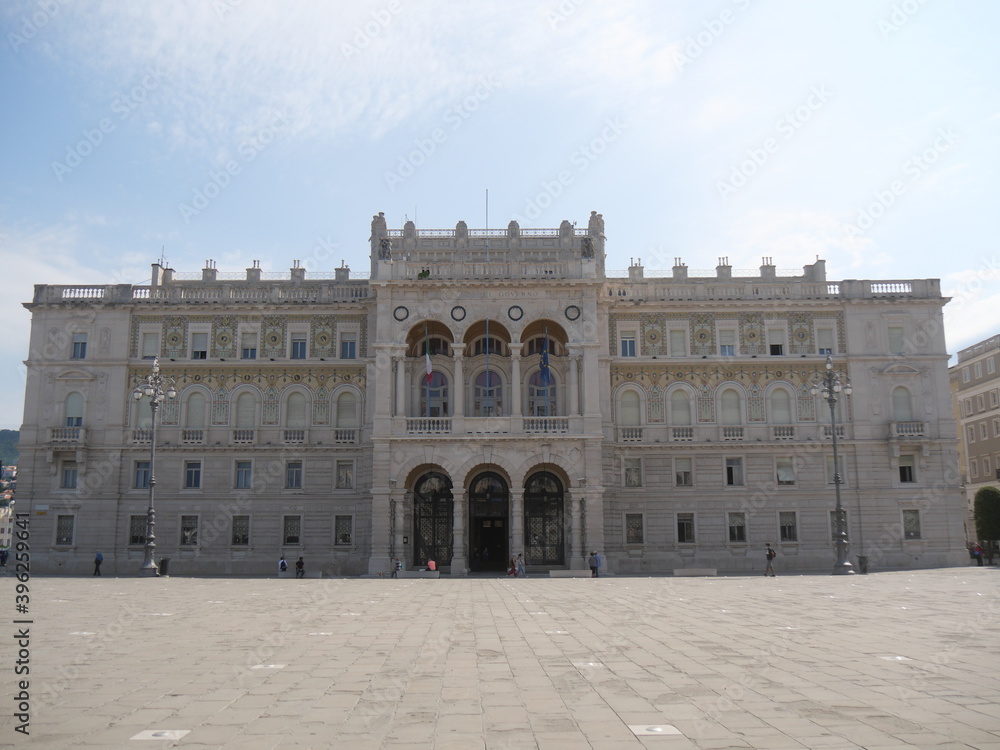 Palace of the Austrian Lieutenancy in Piazza Unità d'Italia in Trieste, with the facade decorated with mosaics with the coats of arms of the Savoy house