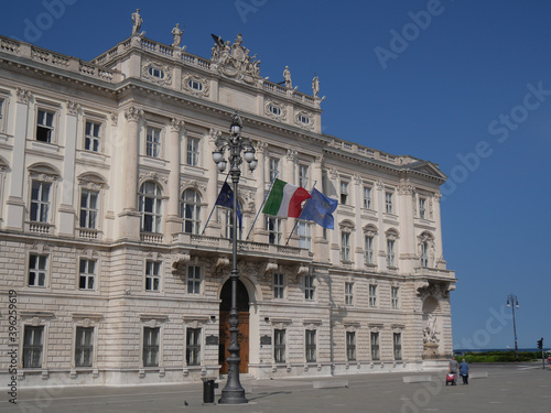 Palace of Lloyd in Piazza Unità d'Italia in Trieste, decorated with allegorical statues on the ground floor and on the pediment