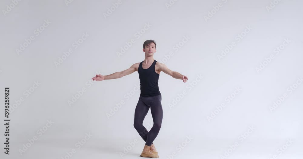 Elegant male, ballet dancer performs acrobatic elements and pirouette, ballet dance on a white background, 4k 50fps. Elegant male, ballet dancer performs acrobatic elements and pirouette, ballet dance on a white background, 4k 50fps.