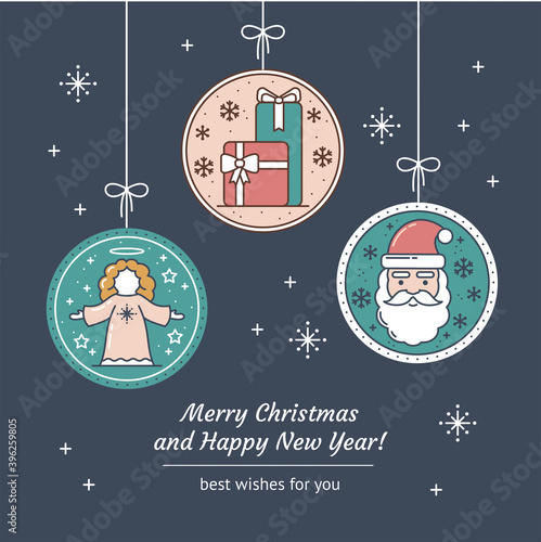 Merry Christmas and Happy New Year Greeting Card with Line Art Native Angel, Gift Package, Santa Claus and Festive Background with Snowflakes. Outline New Year greetind card or invitation photo