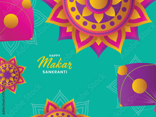 Colorful Floral Pattern Or Rangoli And Kites Decorated On Green Background For Happy Makar Sankranti. photo
