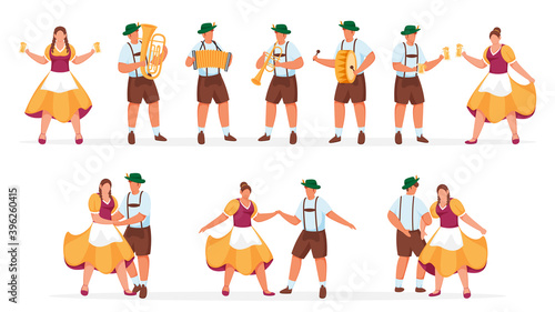 German Man And Woman Wear Traditional Dress With Enjoying Drinks, Dance And Play Music Instrument On The Occasion Of Oktoberfest Festival.