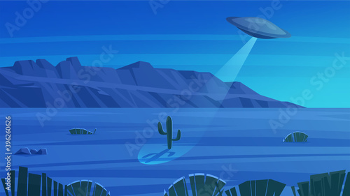 Grand Canyon National Park landscape. Unidentified flying object over the desert. Vector illustration of UFO.