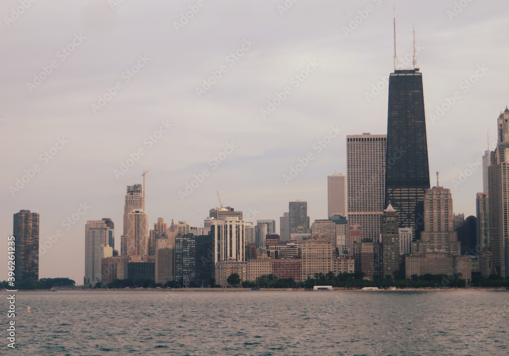 Chicago view downtown from water of Michigan lake