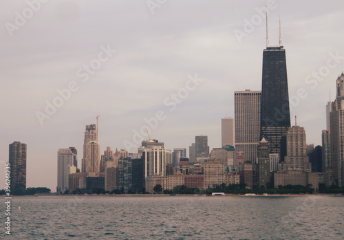 Chicago view downtown from water of Michigan lake