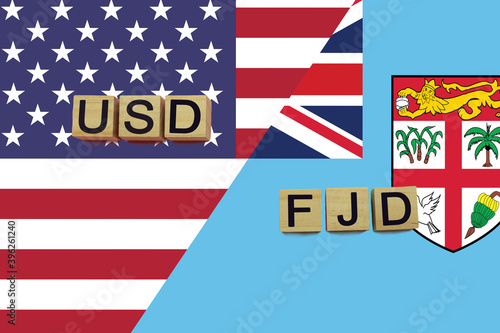 USA and Fiji currencies codes on national flags background