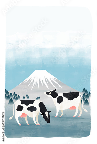 富士山と青空と太陽と牛のベクターイラスト 年賀状