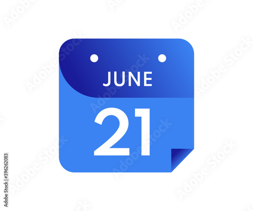June 21 Date on a Single Day Calendar in Flat Style, 21 June calendar icon