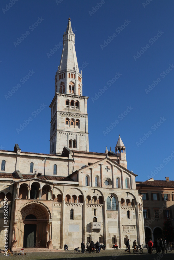 Ghirlandina historical tower with cathedral detail, Modena, Italy, Unesco world heritage