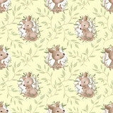 Kangaroo mom and baby  on a eucalyptus tree branches with leaves. Seamless Patterns. Cute Cartoon Character. Hand drawn illustration.Kangaroo with a baby in the bag on yellow background.