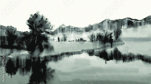 Calm, vintage ink landscape, traditional oriental zen artwork. Mountains and water reflection scenery, chinese vibe