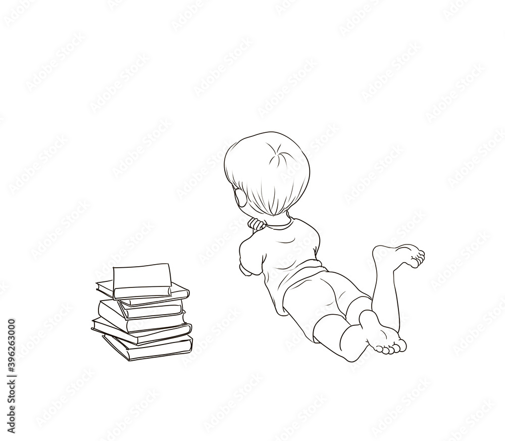 kleiner Junge Kind liegt barfuß mit den Beinen Füßen wedelnd auf den Boden Arme angewinkelt schaut in Ferne Bücher Stapel schwarzweiß Bildung Kindheit Ausbildung lernen lesen denken Ausmalbild