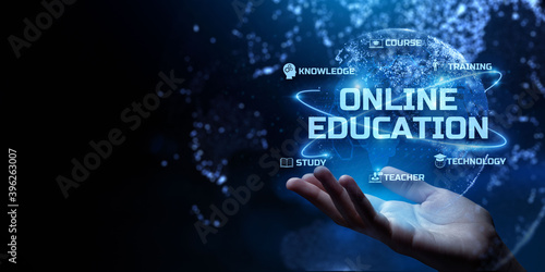 Businessman pressing button Online education E-learning internet learning personal development and business concept.