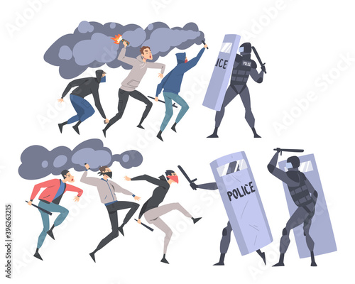 Young Man Rioters with Smoke Grenade Fighting with Armed Police Officers Protesting Against Something Vector Illustration Set