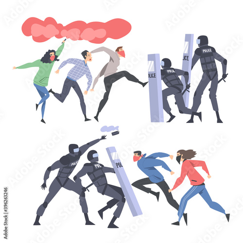 Young Man Rioters with Smoke Grenade Fighting with Armed Police Officers Protesting Against Something Vector Illustration Set