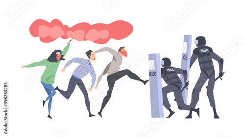 Young Man and Woman Rioters with Smoke Grenade Fighting with Armed Police Officers Vector Illustration