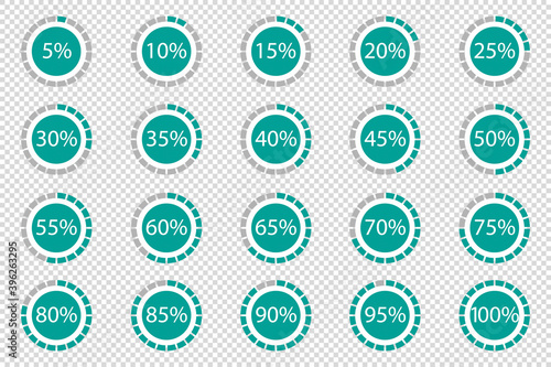 Download Progress Circle Icons - Vector Illustrations From 5 To 100 Percent - Isolated On Transparent Background