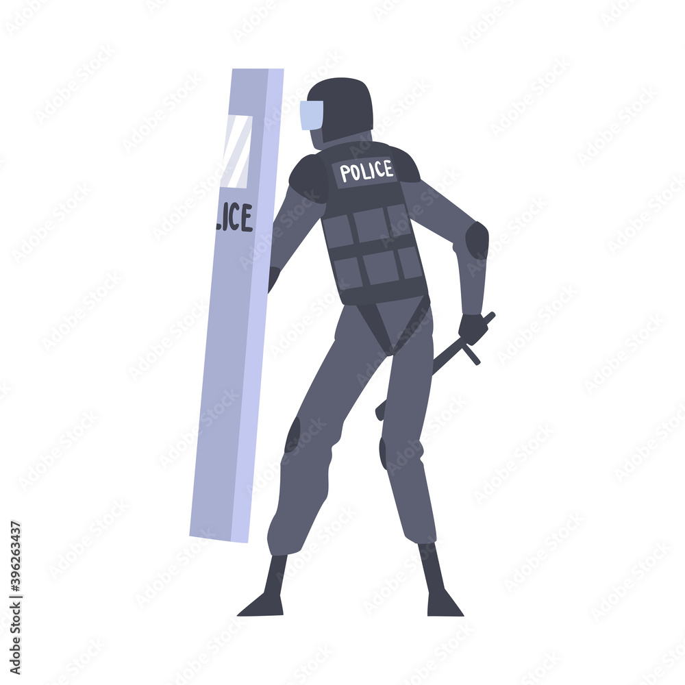 Riot Police Officer in Uniform with Shield and Baton Controlling Mass Protest Vector Illustration Riot Police Officer in Uniform with Shield and Baton Controlling Mass Protest Vector Illustration