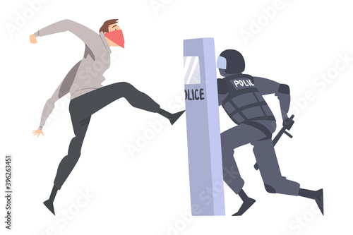 Young Man Rioter with Covered Face Fighting with Armed Policeman Defending with Shield Vector Illustration