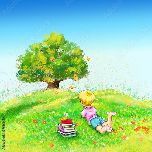Blumen blauer Himmel Schmetterlinge Junge liegt barfuß schaut zu Insekten fliegen Bücher Stapel bunte Wiese Rasen Gras Sommer Sonne Regenbugen Liebe Natur photo