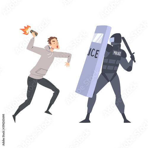 Young Man Rioter Fighting with Armed Policeman Defending with Shield Vector Illustration