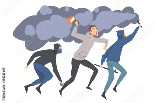 Male Characters with Bat and Molotov Cocktail Attacking and Fighting in Street Riot Vector Illustration
