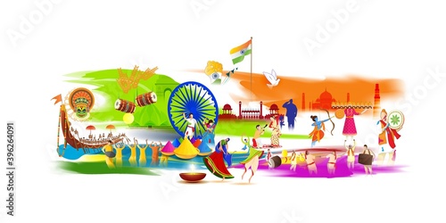 Vector illustration of Incredible India banner, Indian culture and diversity, monuments, traditional festival dances, tricolor flag.