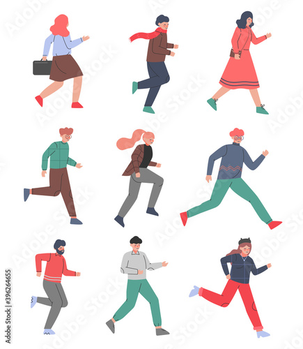 People Characters Running and Pushing Forward in a Hurry Vector Illustration Set