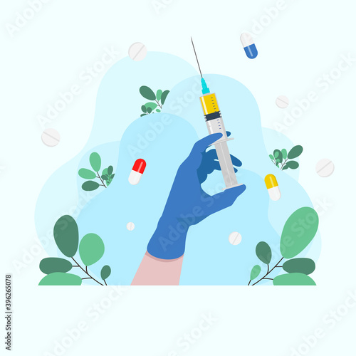 Syringe in doctor hand. Ambulance doctor. Syringe in handFlu shot vaccination. Injection syringe. hand holds a syringe. Medicine healthcare concept. Medical background