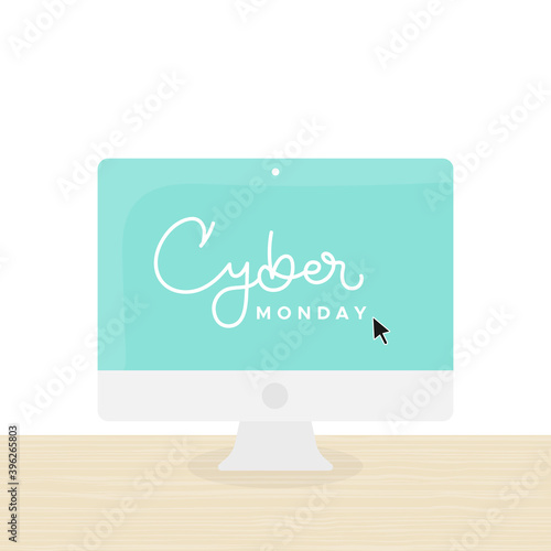 Cyber Monday lettering in screen desktop with mouse pointer. Concept of online shopping, web purchases, digital business, delivery. Vector illustration, flat design